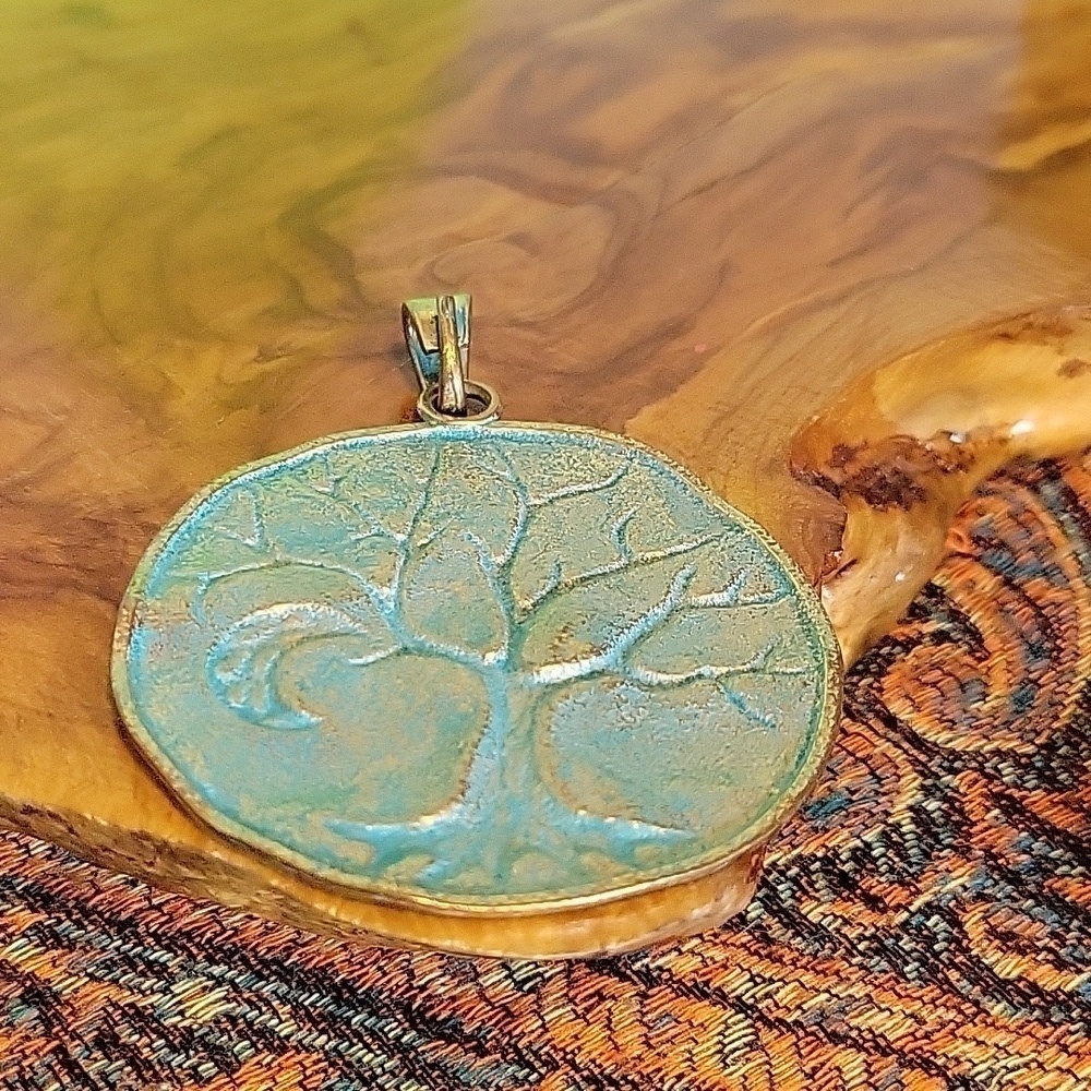 Pale Golden & Teal Colored Tree Of Life And Moon Bigger Pendant - Picture 2 of 7